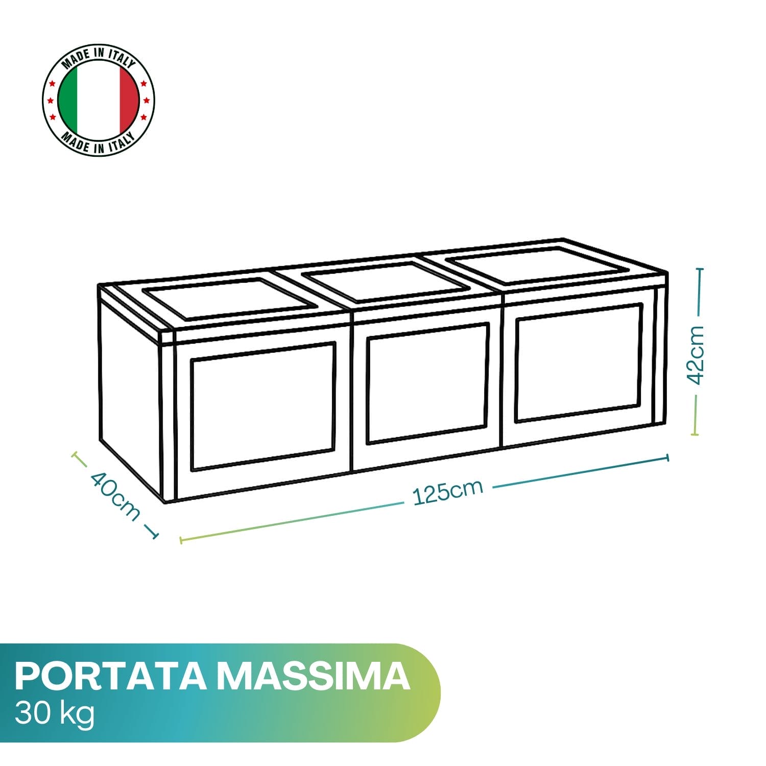 Cassapanca in plastica angora 125x40x42 cm portata 30 kg Made in Italy
