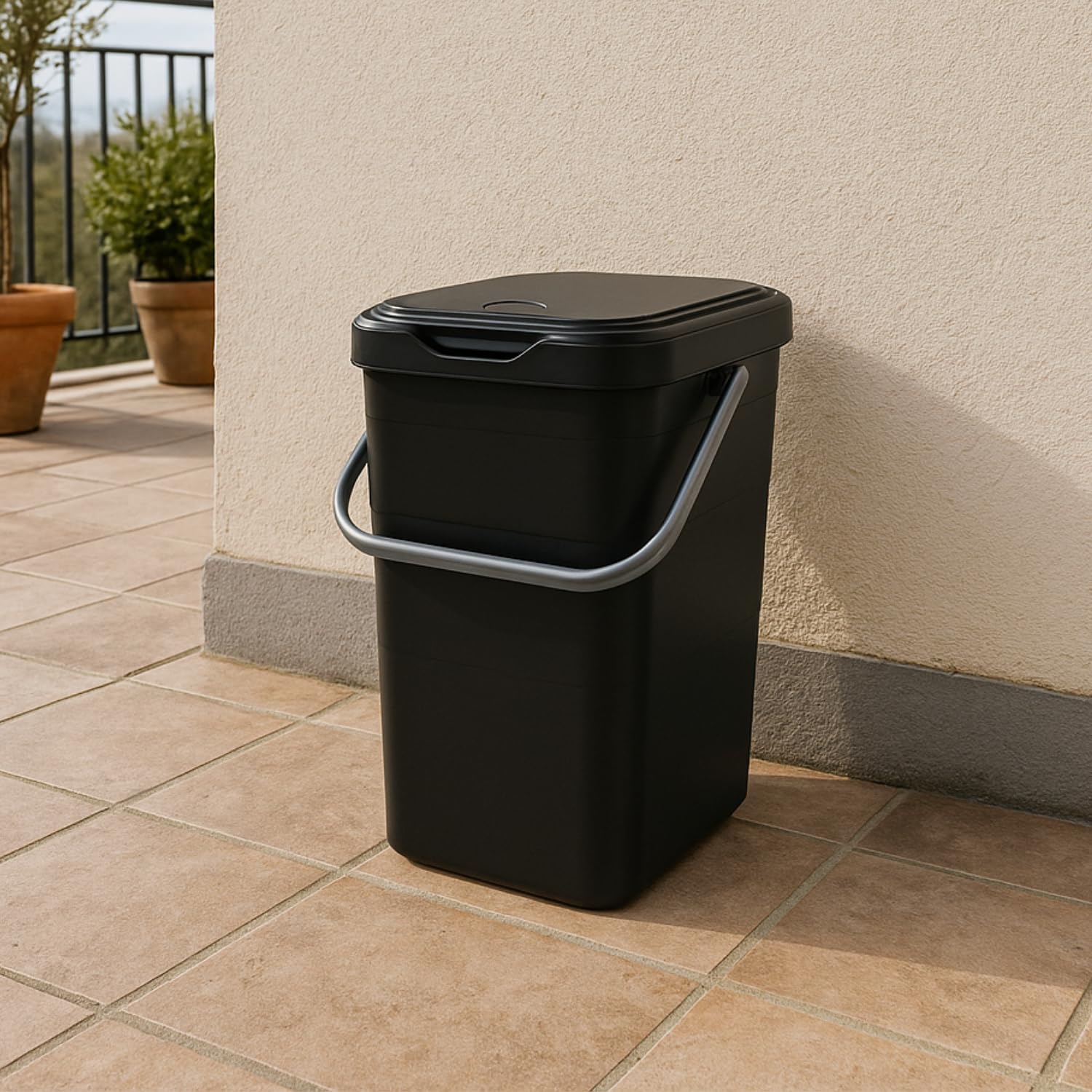 Pattumiera nera 14 litri posizionata all’esterno su terrazzo