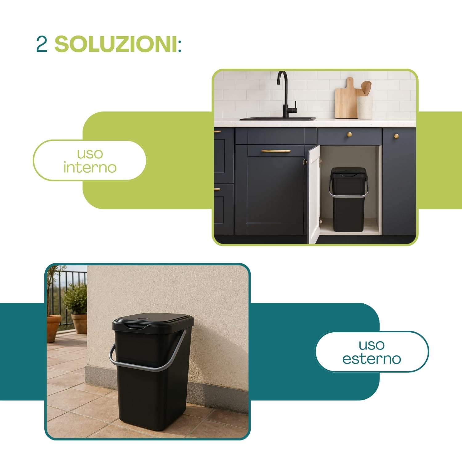 Pattumiera 14 litri per uso interno ed esterno, ideale per cucina e balcone
