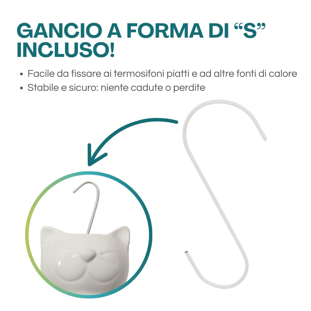 Gancio a S per evaporatore in ceramica a forma di gatto da appendere ai termosifoni