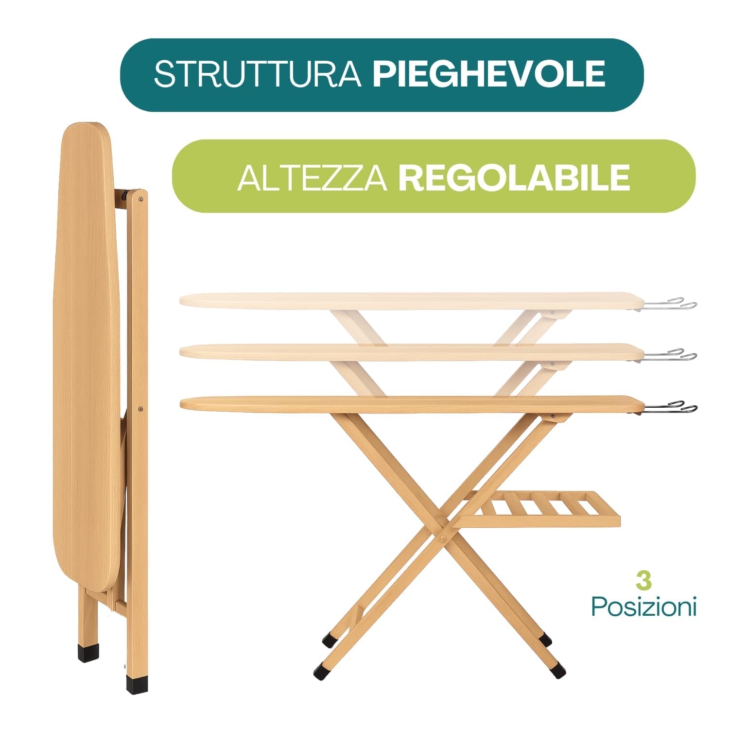 Asse da stiro pieghevole in legno con altezza regolabile su 3 posizioni, struttura robusta e chiudibile