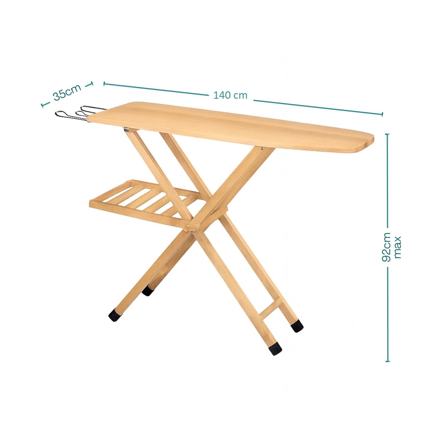 Asse da stiro pieghevole in legno con misure 140×35 cm e altezza regolabile fino a 92 cm, struttura robusta e naturale