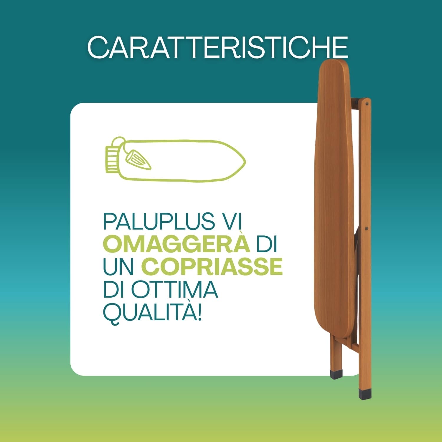 Asse da stiro pieghevole in legno noce mostrata chiusa, con copriasse omaggio incluso e design compatto salvaspazio