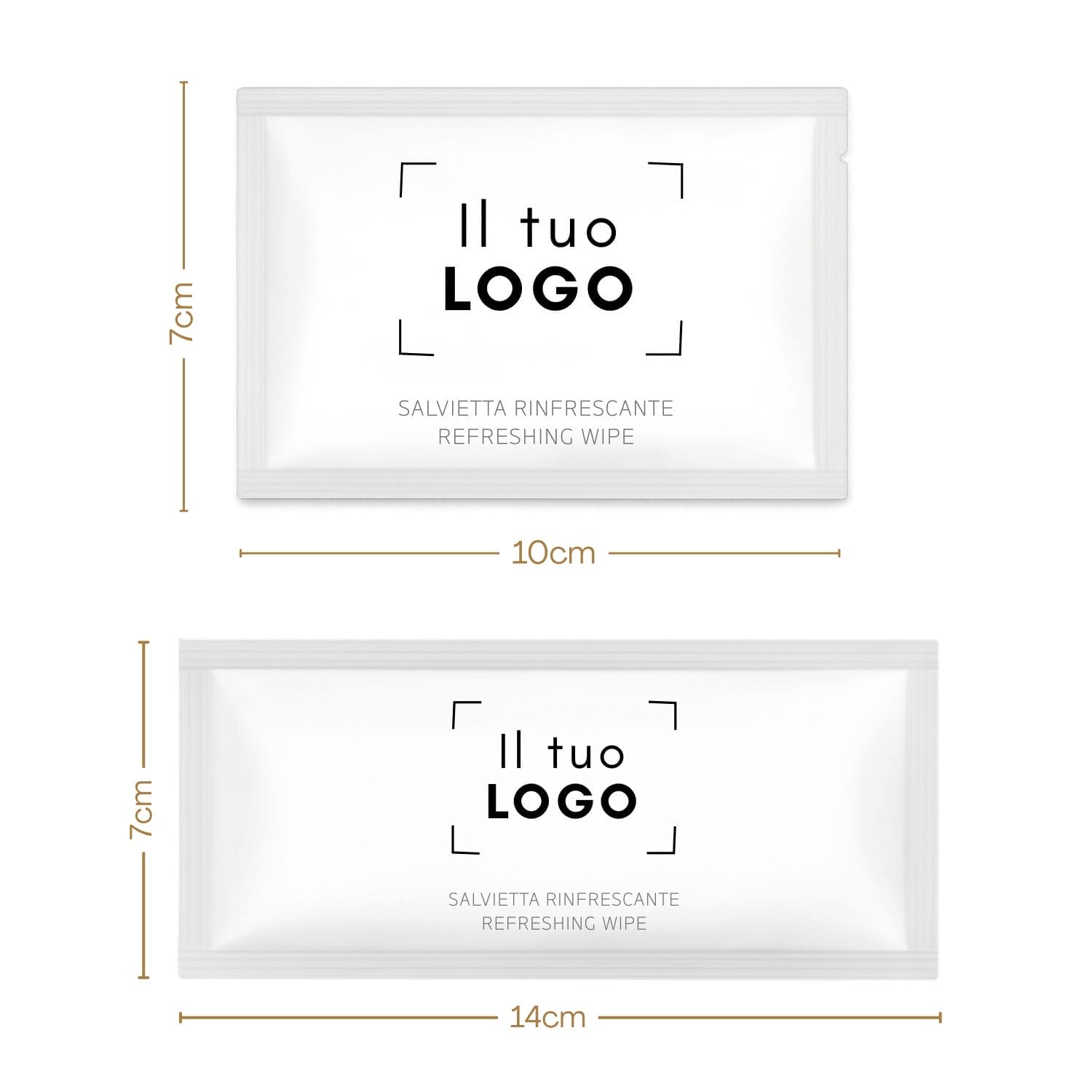 Salviette umidificate personalizzabili nei formati 7×10 e 7×14 cm con salviettina interna 19×19