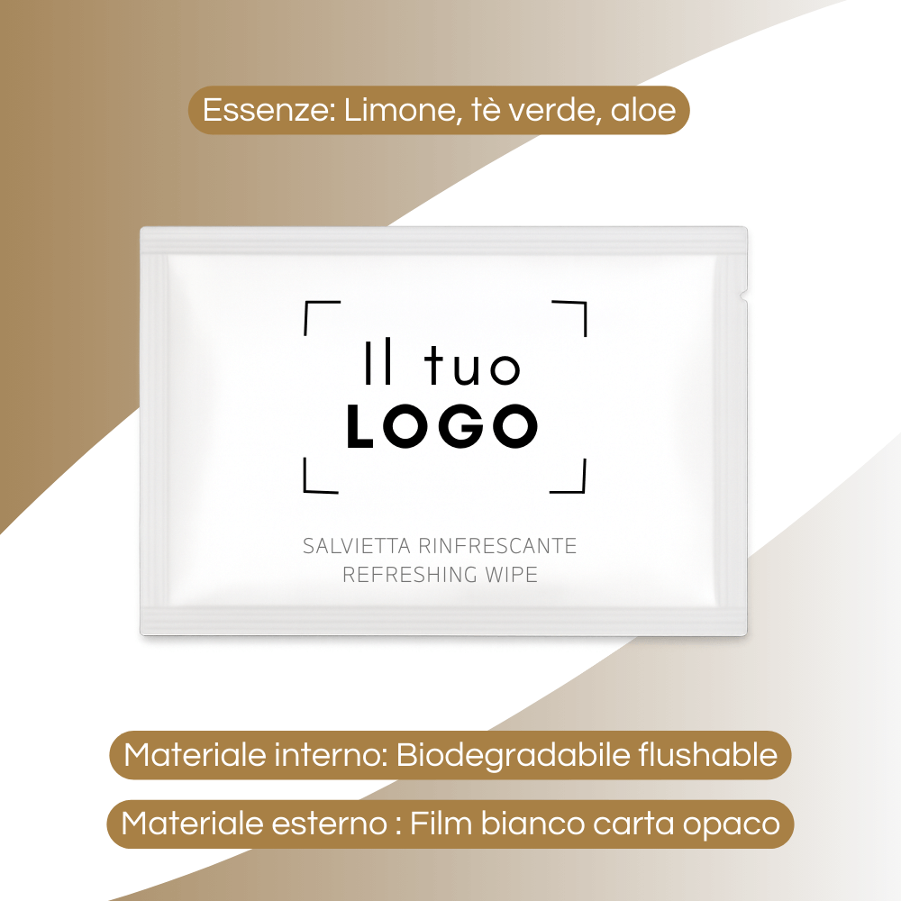 Salvietta umidificata personalizzabile 10×7 cm con dimensioni e salvietta interna 19×19 cm