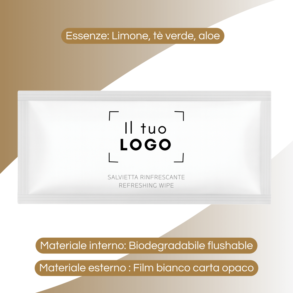 salvietta-umidificata-personalizzata-te-limone-aloe-7x14 Salvietta umidificata personalizzabile con essenze e materiali biodegradabili in bustina bianca