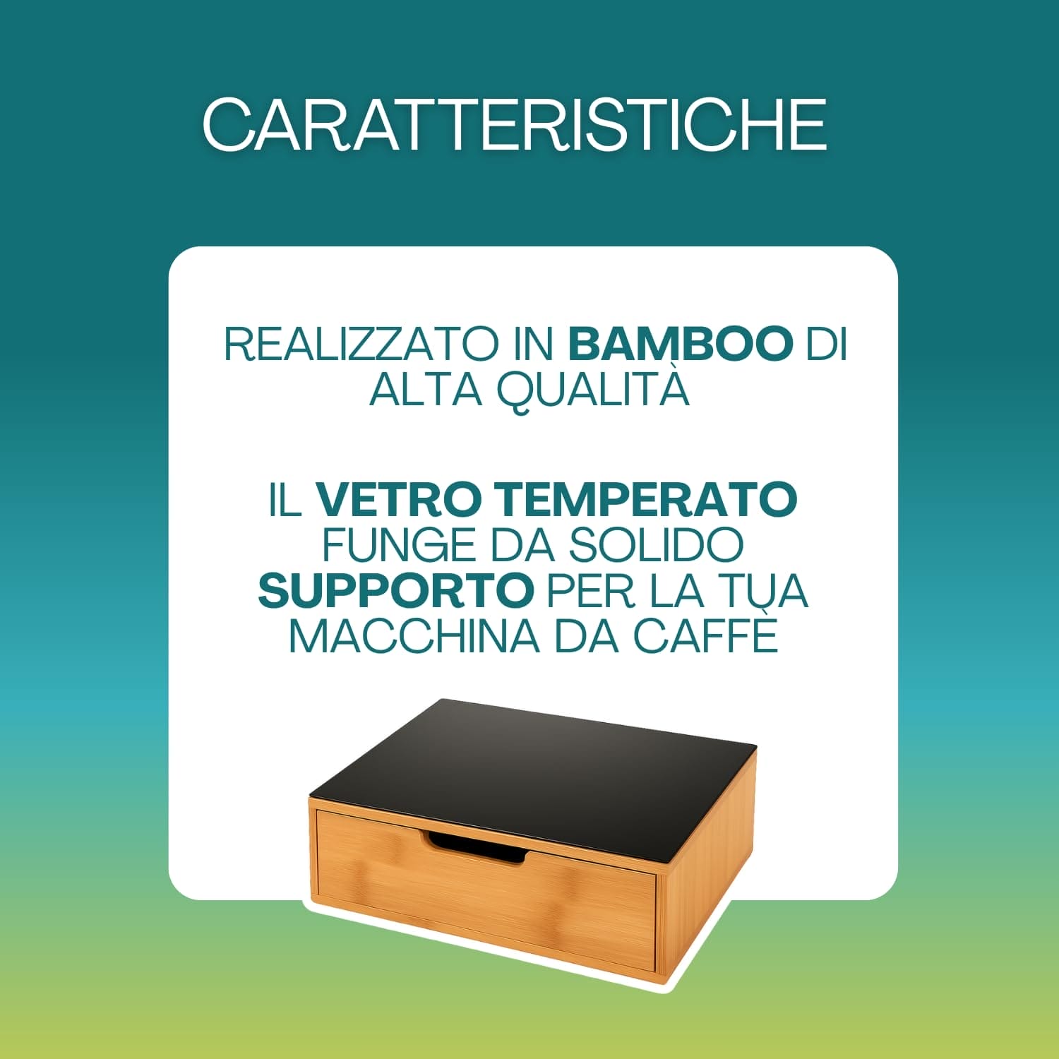 Portacapsule in bamboo con piano in vetro temperato per supporto macchina da caffè