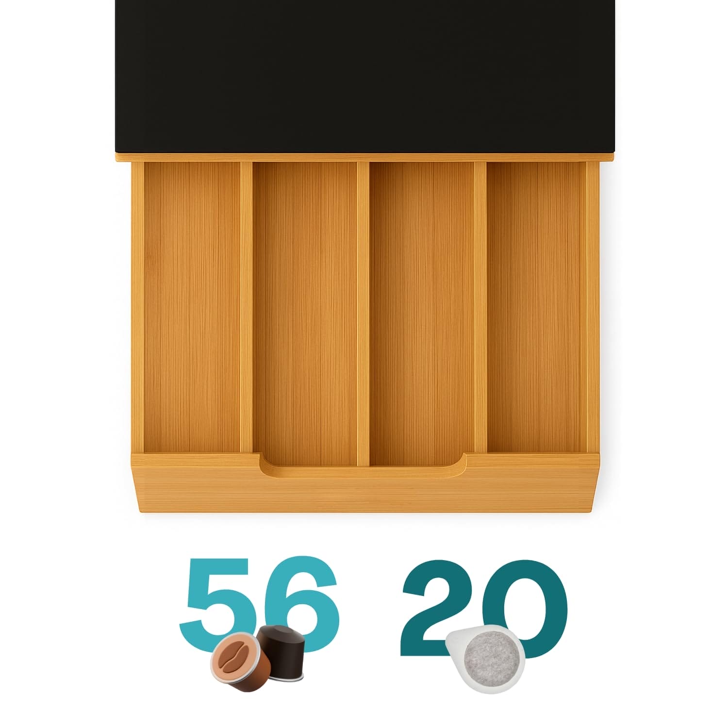 Cassetto portacapsule in bamboo con 4 scomparti per 56 capsule e 20 cialde