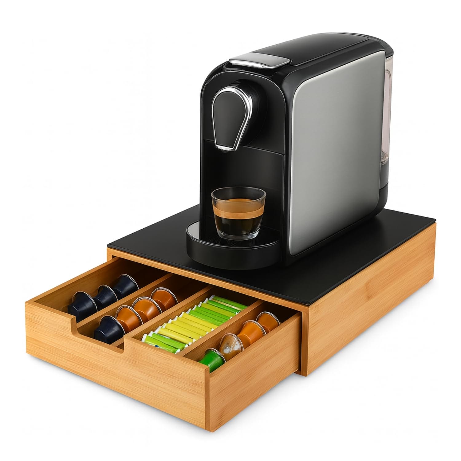 Cassetto portacapsule in bamboo con vetro nero e 4 scomparti per cialde