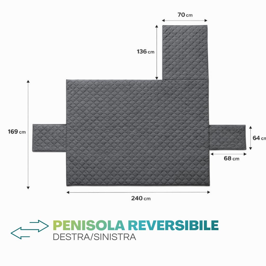 Schema misure copridivano con penisola reversibile per divano 3 posti, larghezza 240 cm grigio