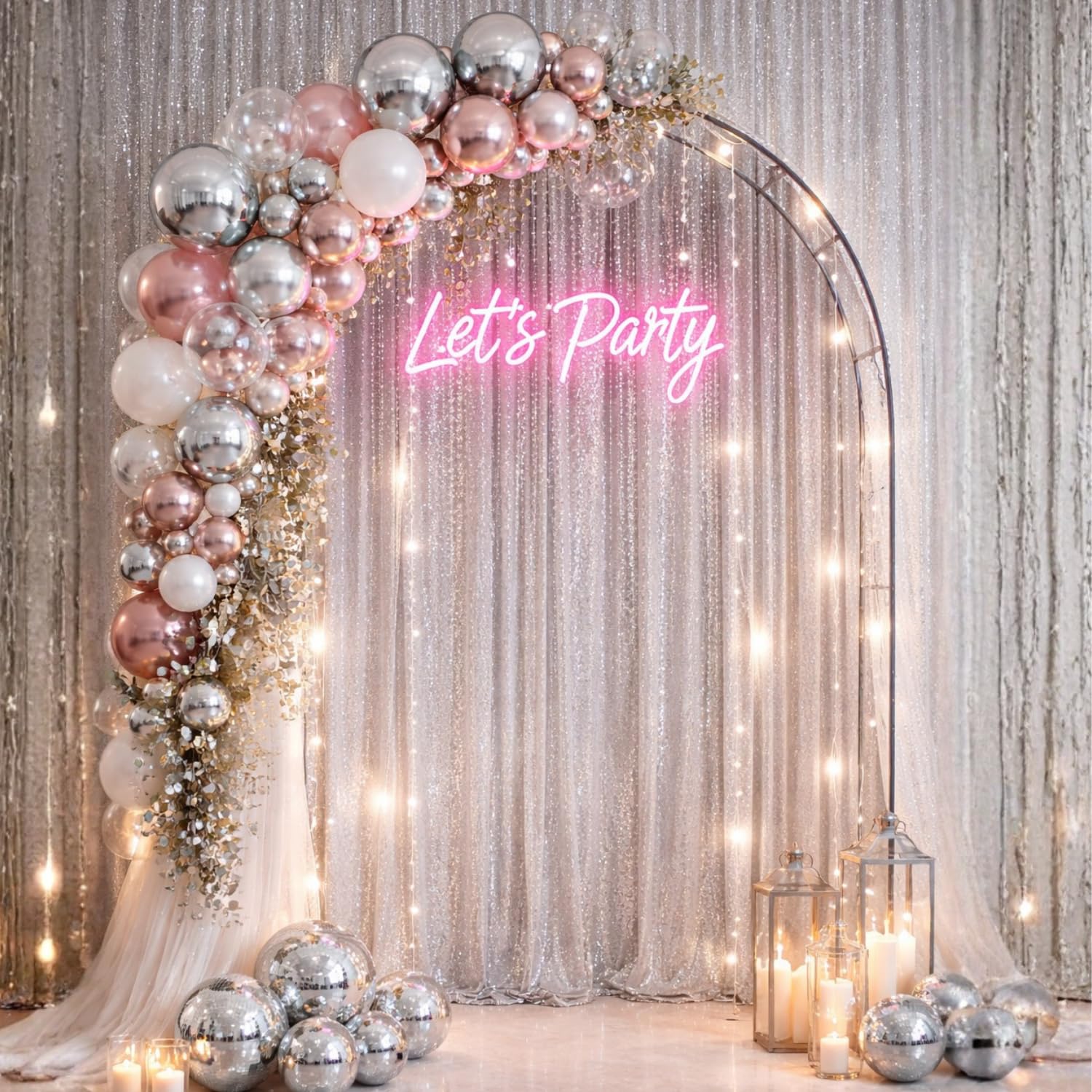 Arco da giardino in metallo decorato con palloncini rosa e argento e luci LED per allestimenti di feste ed eventi