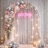 Version 1.0.0 Arco da giardino in metallo decorato con palloncini rosa e argento e luci LED per allestimenti di feste ed eventi
