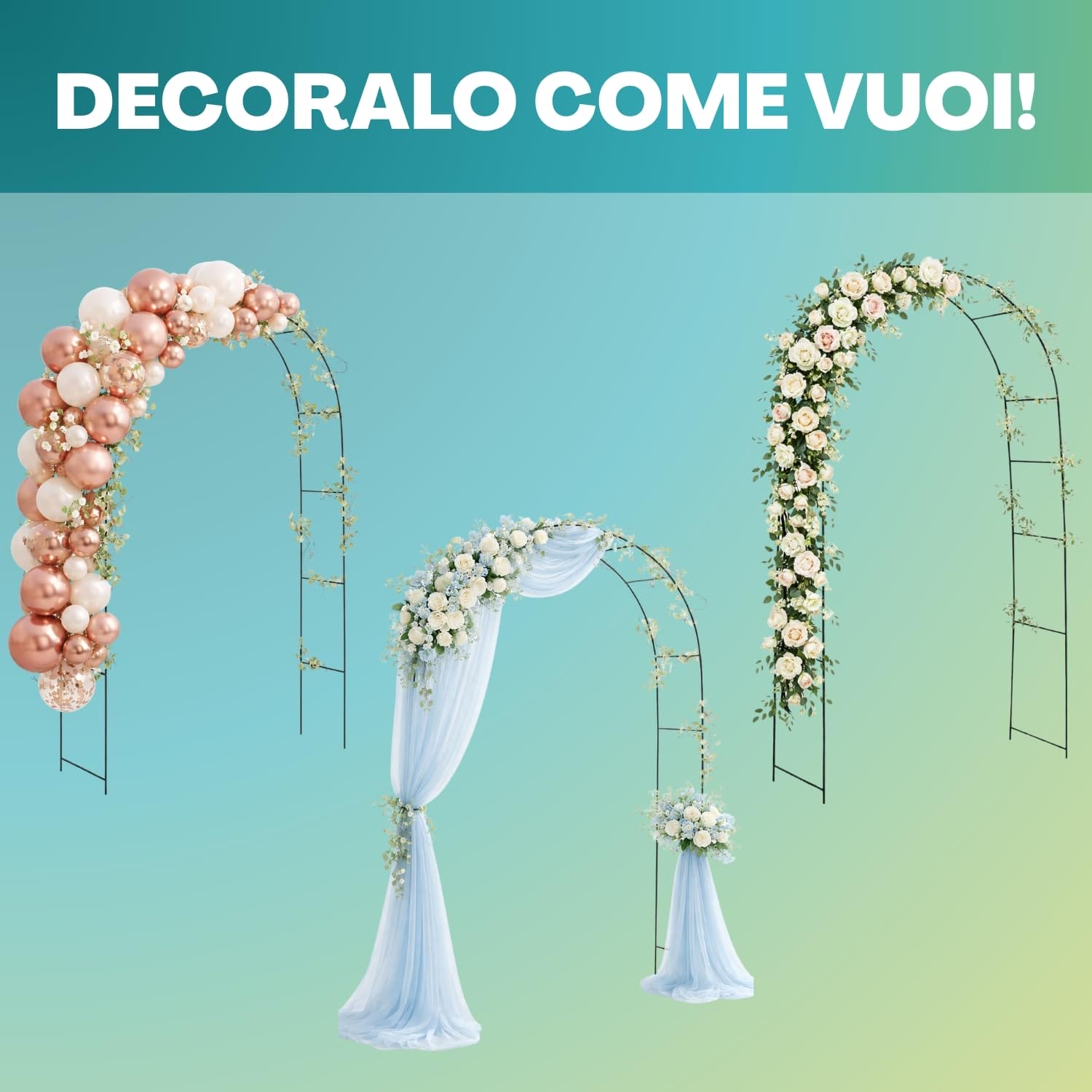 Arco da giardino in metallo personalizzabile con palloncini, tessuti e fiori per matrimoni ed eventi