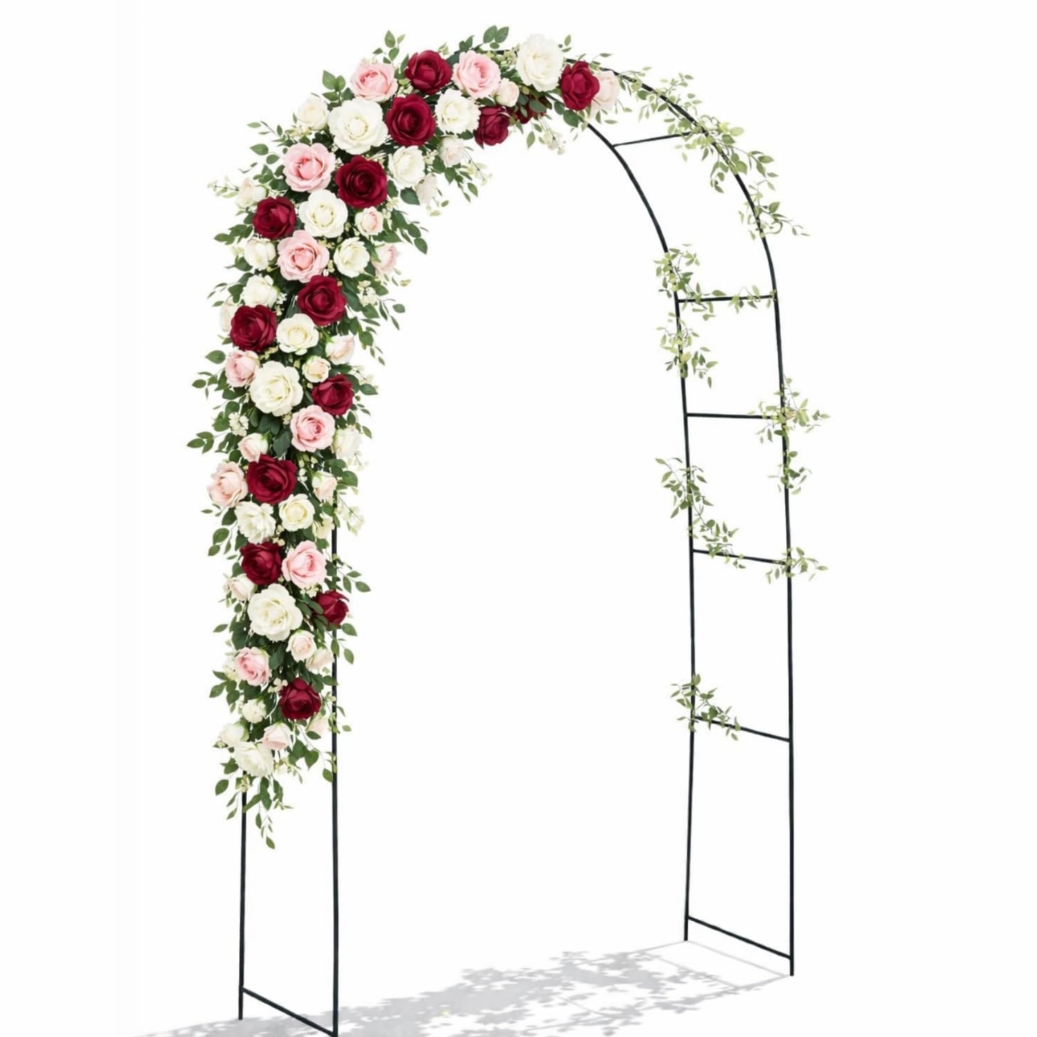 Arco da giardino in metallo nero decorato con rose artificiali per cerimonie e matrimoni