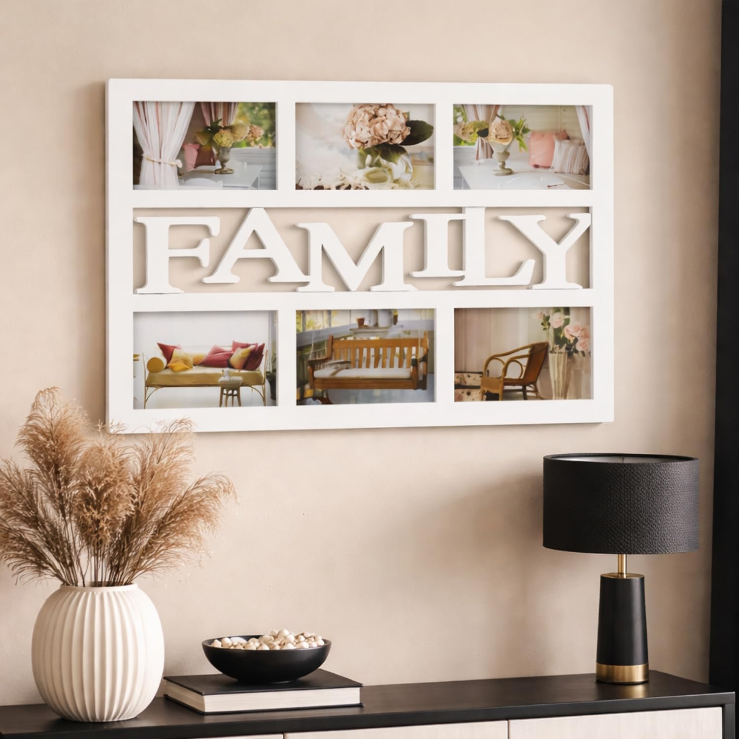 Quadro portafoto FAMILY bianco da parete con 6 foto, decorazione moderna per soggiorno