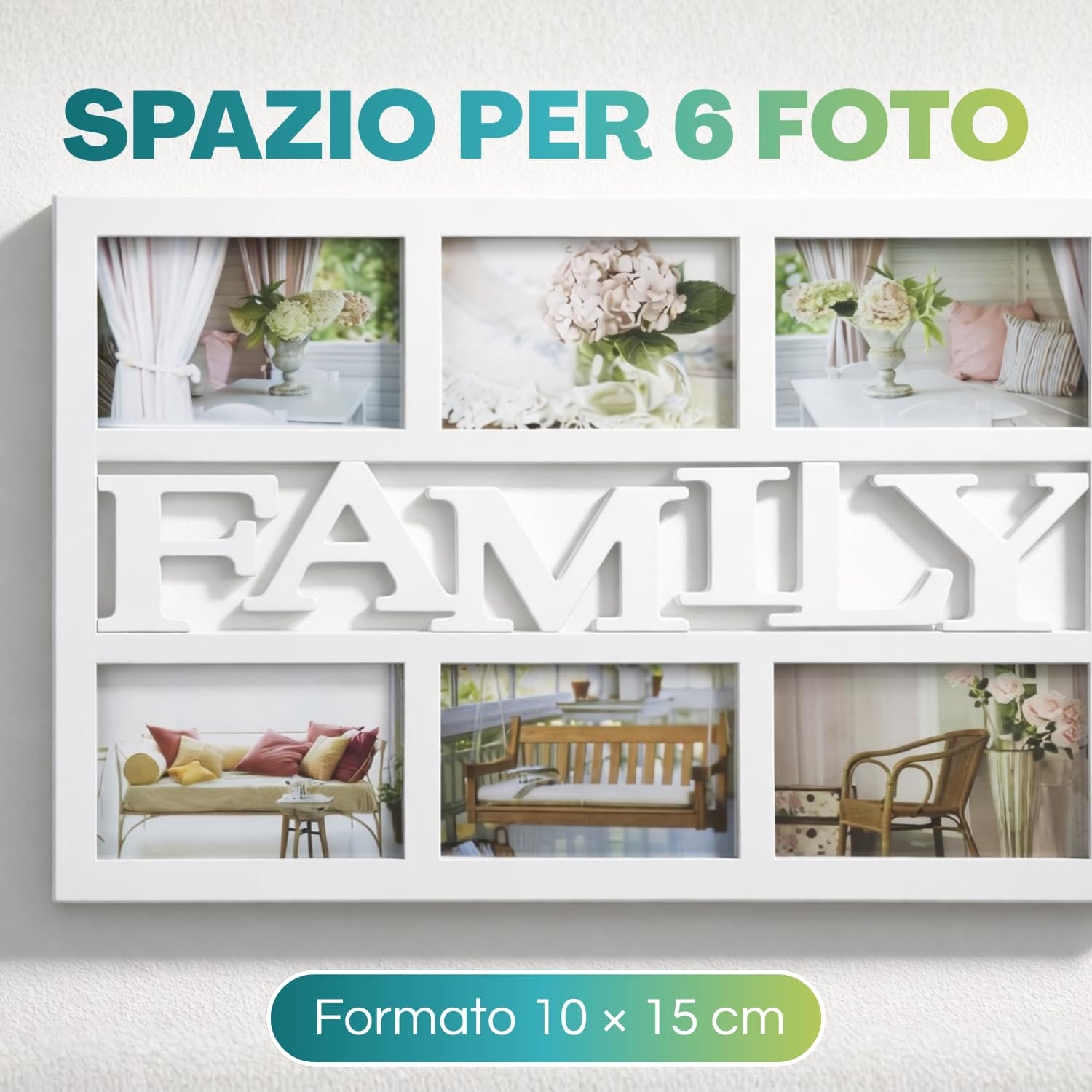 Quadro multifoto FAMILY con spazio per 6 foto formato 10x15 cm, cornice decorativa da parete