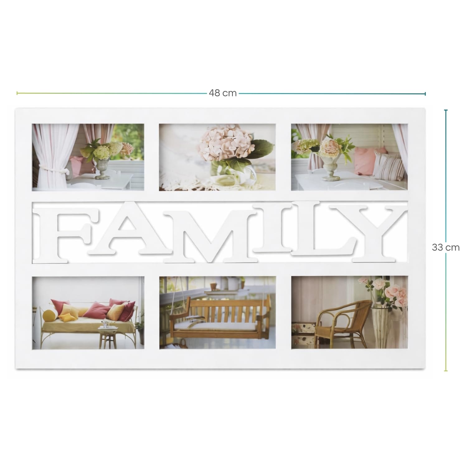 Quadro portafoto FAMILY da parete bianco con spazio per 6 foto e dimensioni 48x33 cm