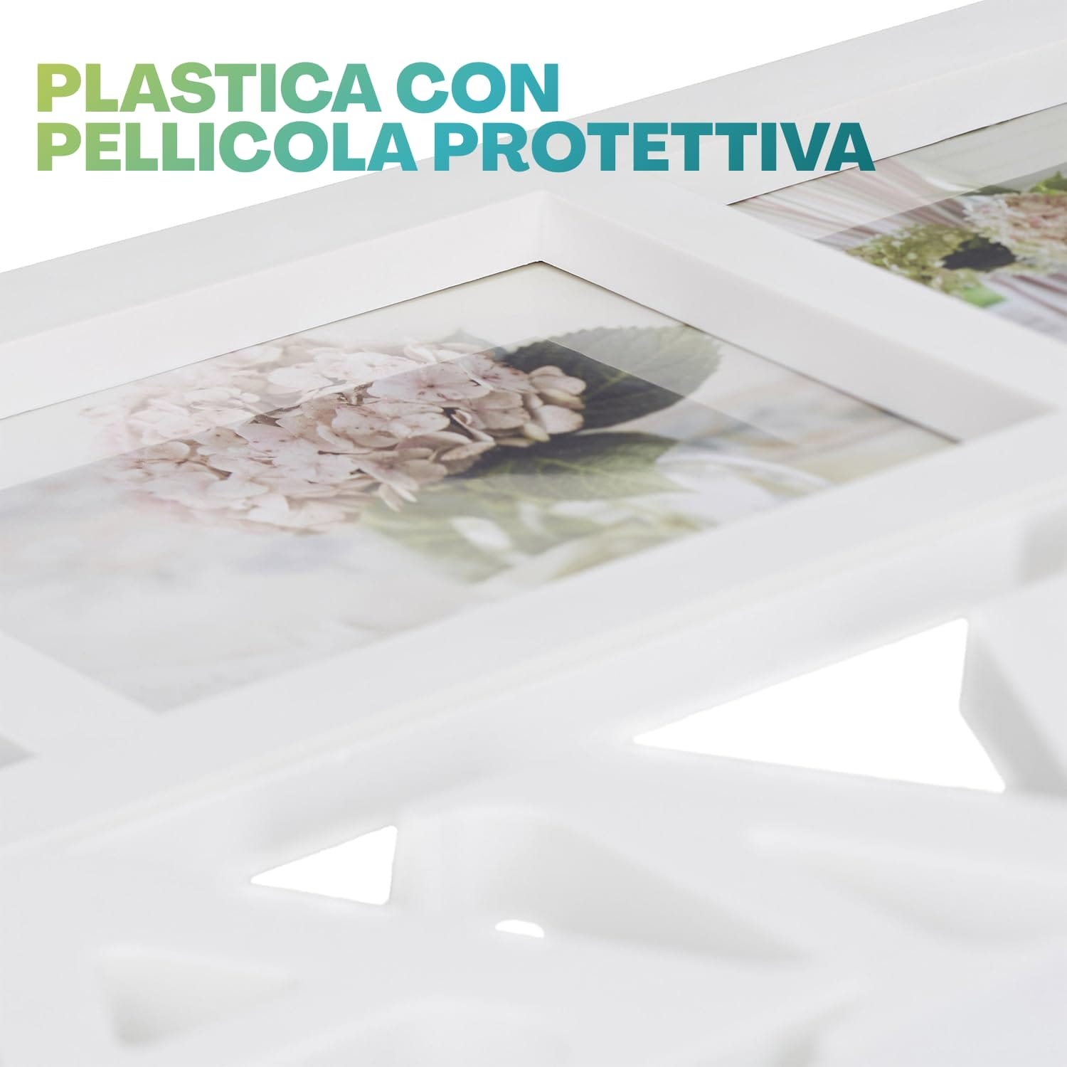 Dettaglio del quadro portafoto FAMILY con protezione frontale in plastica trasparente con pellicola