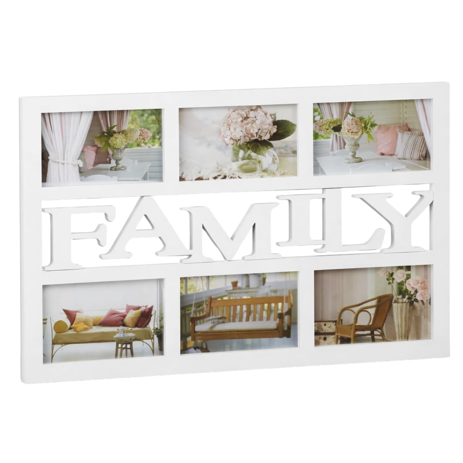 uadro portafoto FAMILY da parete bianco con scritta FAMILY e spazio per 6 foto formato 10x15 cm