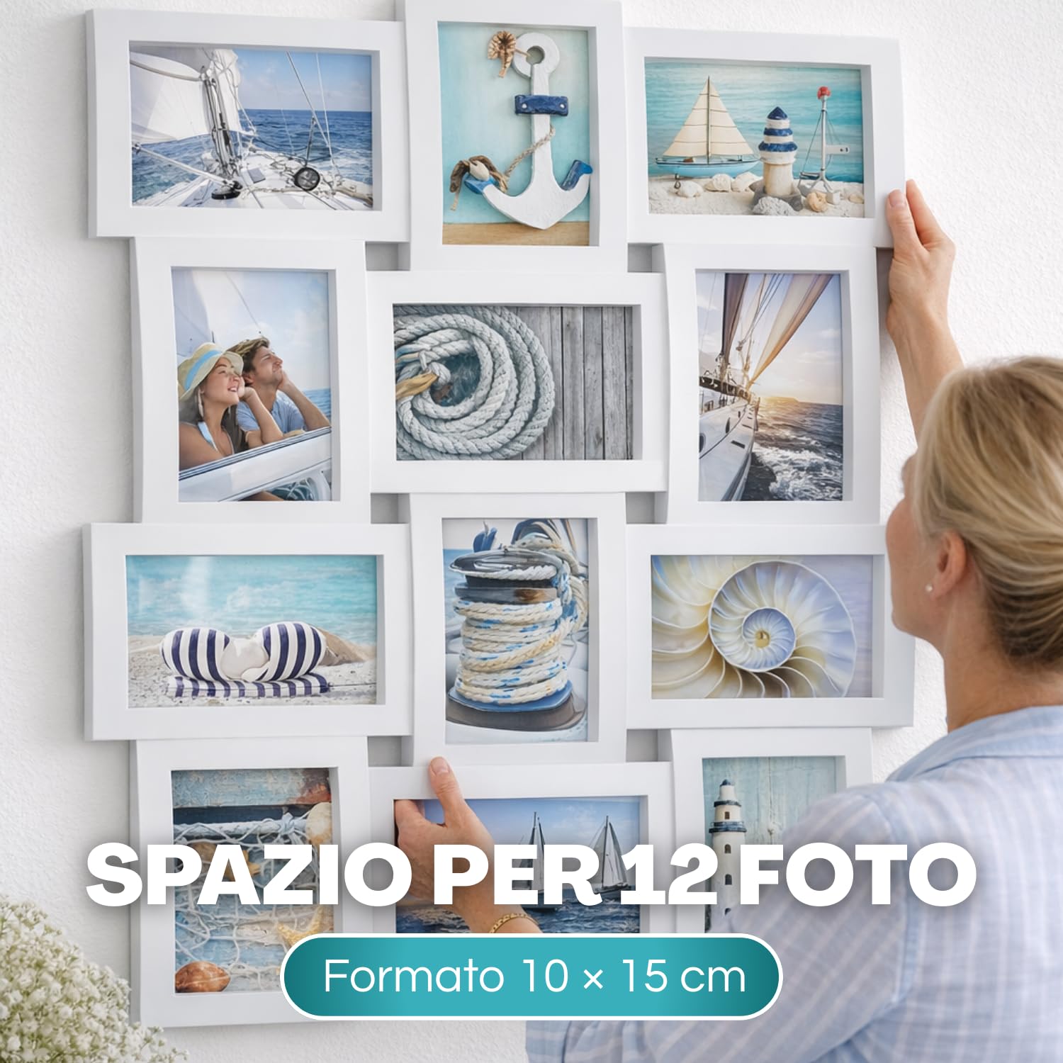 Installazione del quadro multifoto da parete con 12 foto, facile montaggio e allineamento