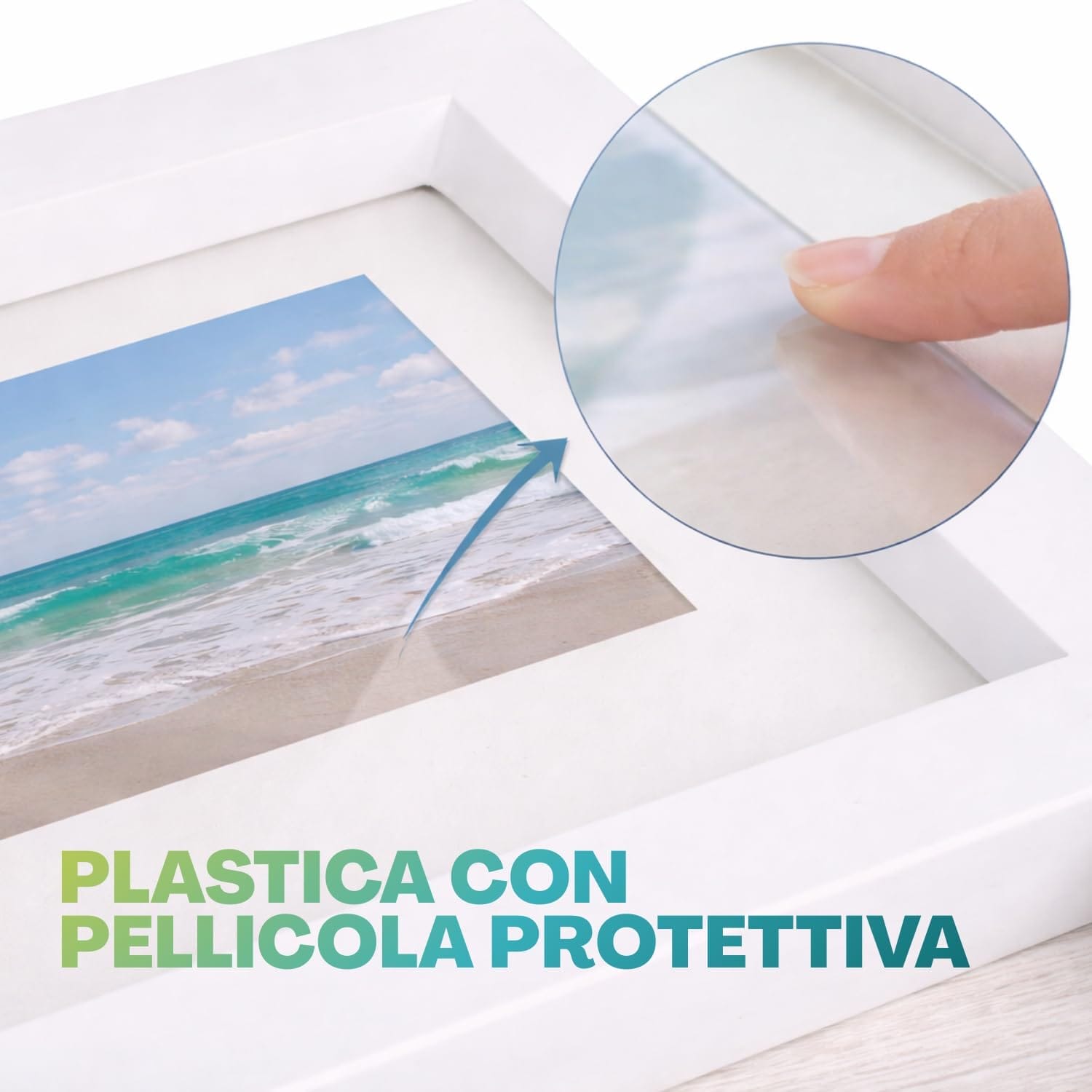 Dettaglio del quadro multifoto con protezione frontale in plastica trasparente e foto del mare