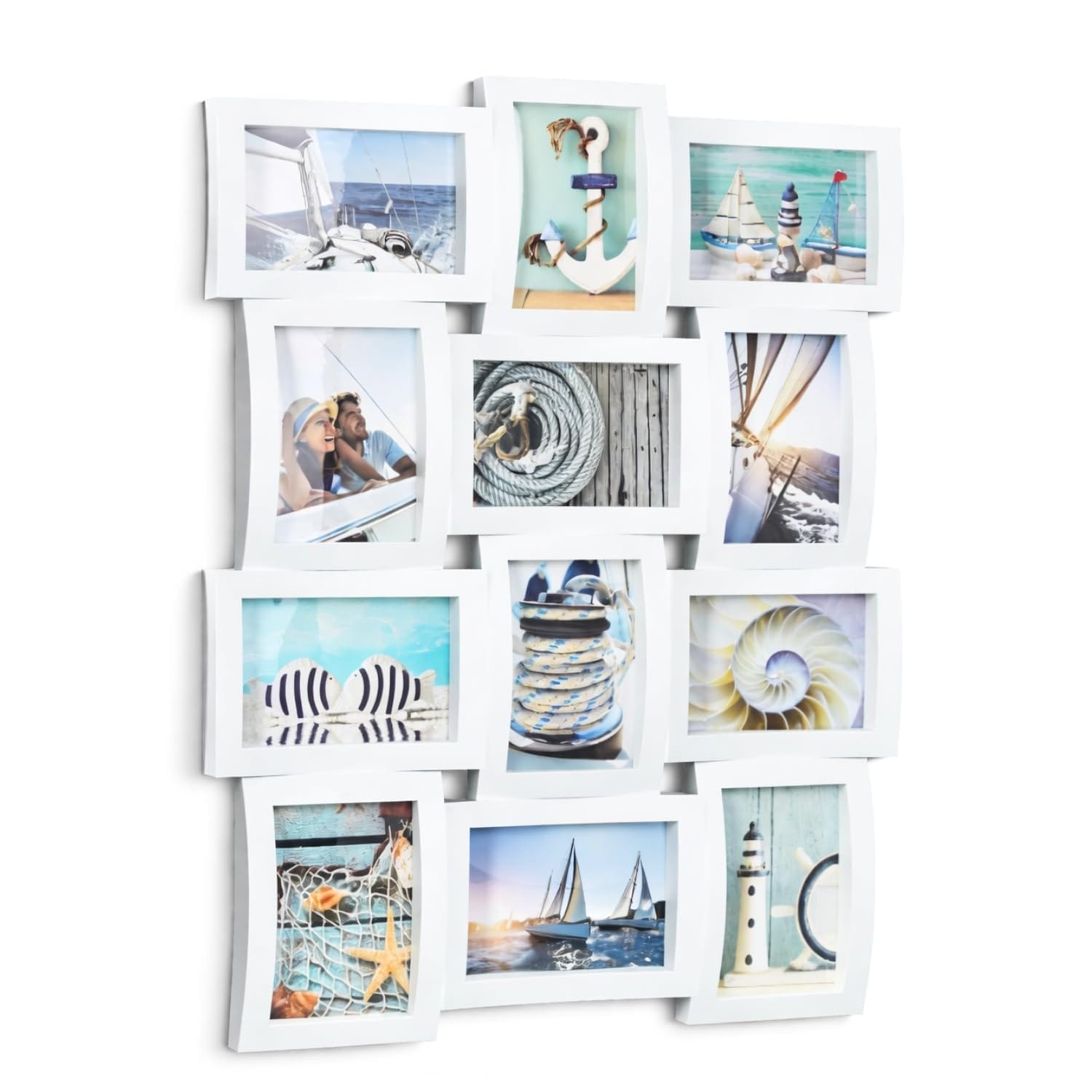 Quadro multifoto da parete bianco con 12 cornici e immagini stile mare, design moderno decorativo
