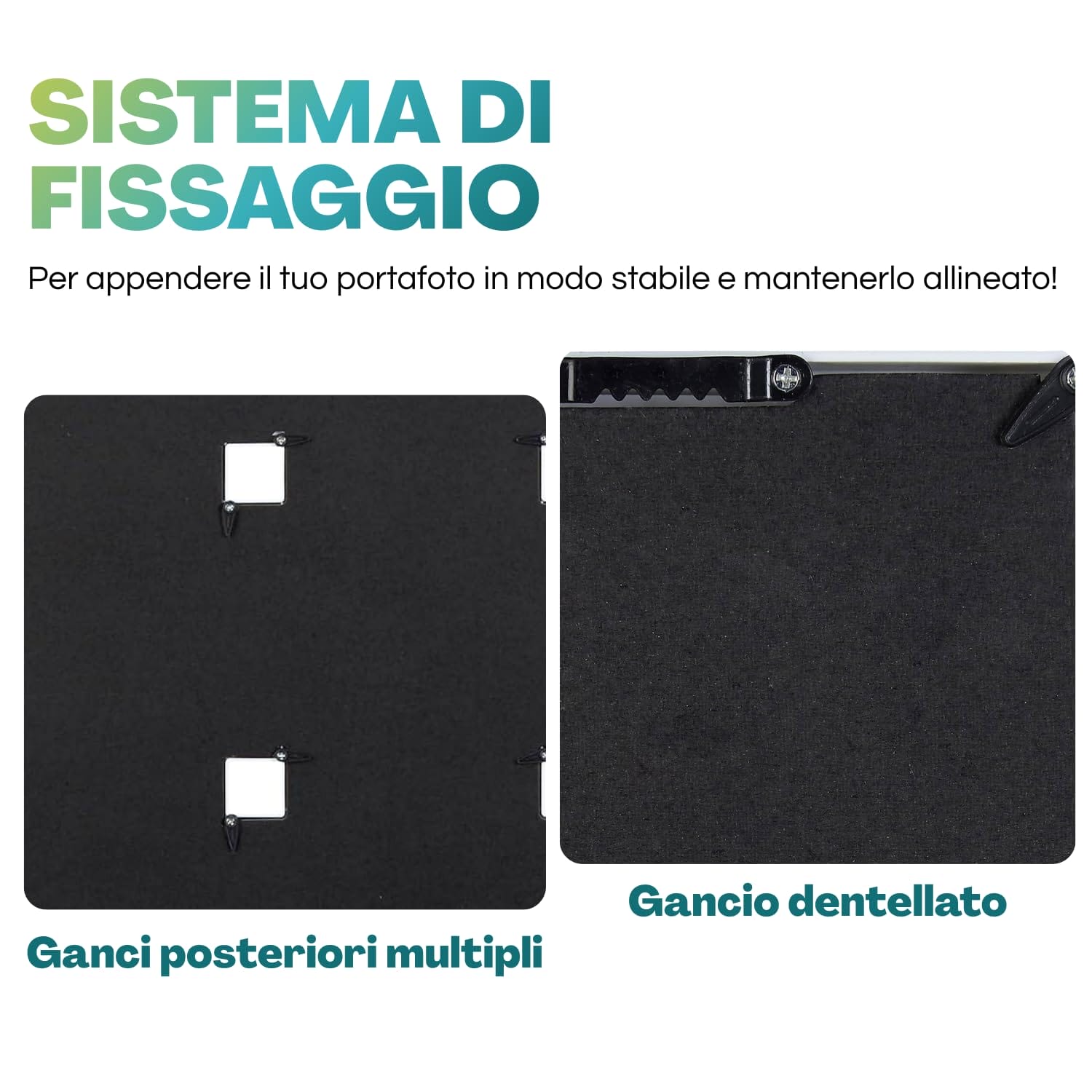 Sistema di fissaggio posteriore del quadro multifoto con ganci multipli e gancio dentellato