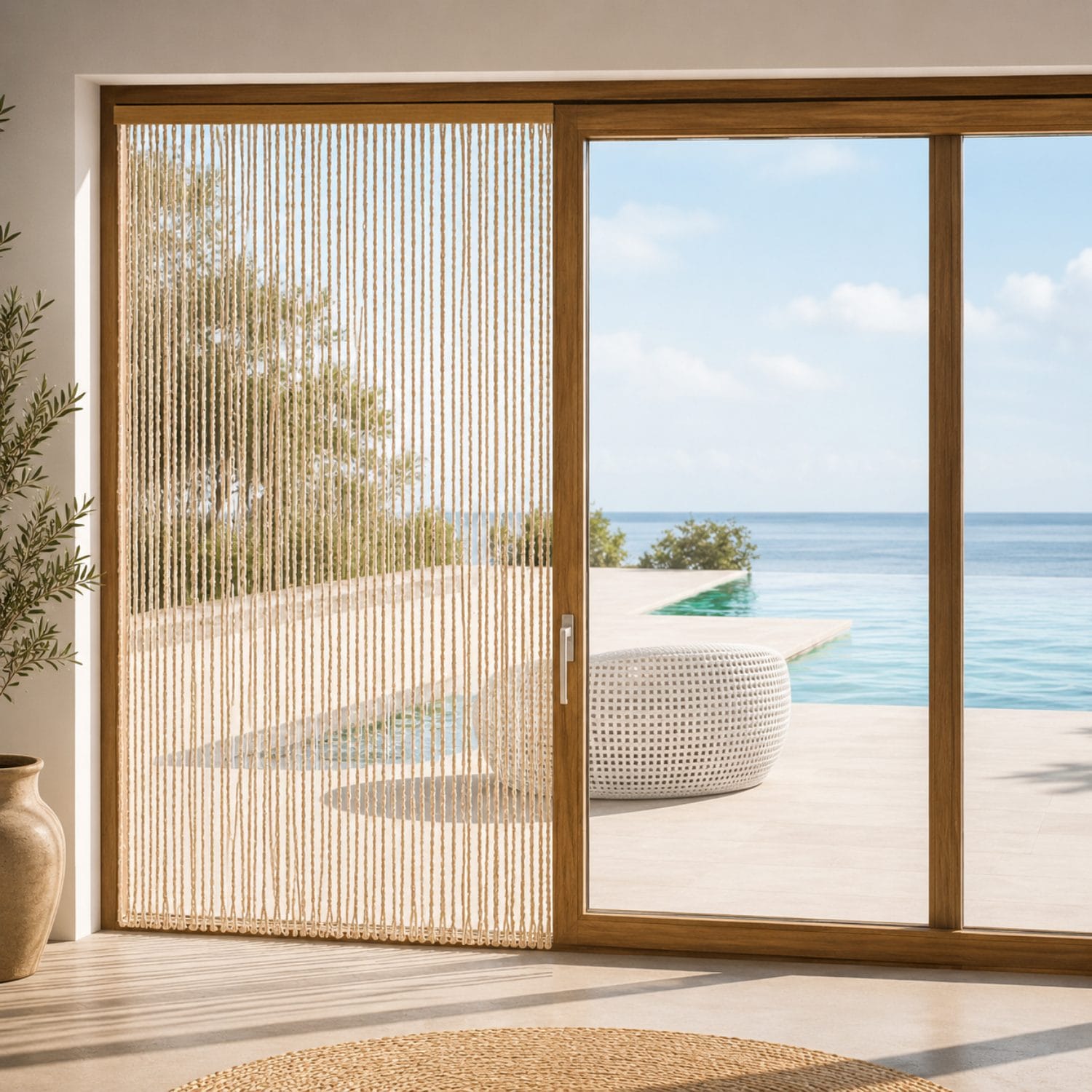 Tenda antimosche beige per porta finestra vista mare