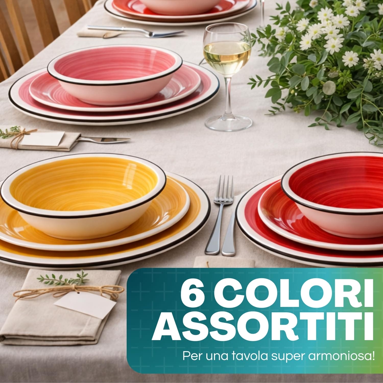 Set piatti in ceramica colorata con piatti piani, fondi e dessert in 6 colori assortiti