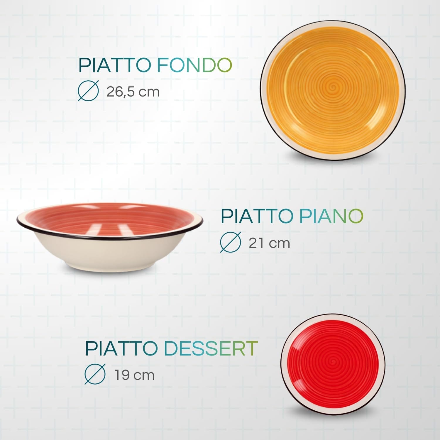 misure-piatti-assortiti Misure piatti in ceramica: piatto piano 26,5 cm, piatto fondo 21 cm, piatto dessert 19 cm