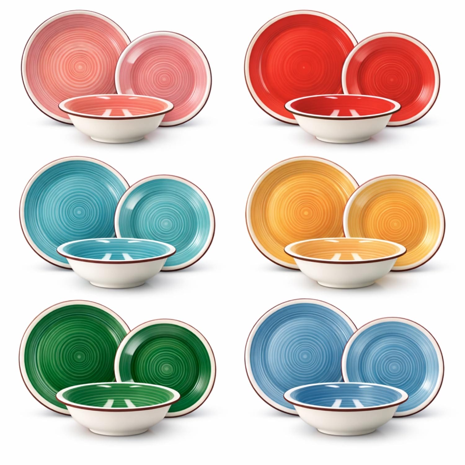 Set piatti in ceramica colorata con piatti piani, fondi e dessert in 6 colori assortiti