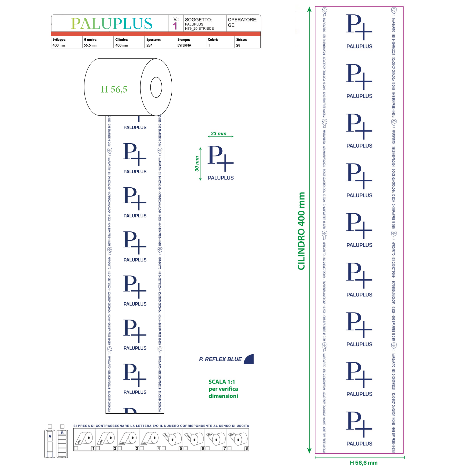 Rotolo cassa termico personalizzato 57x20 con logo Paluplus, carta termica italiana omologata per POS e registratori di cassa