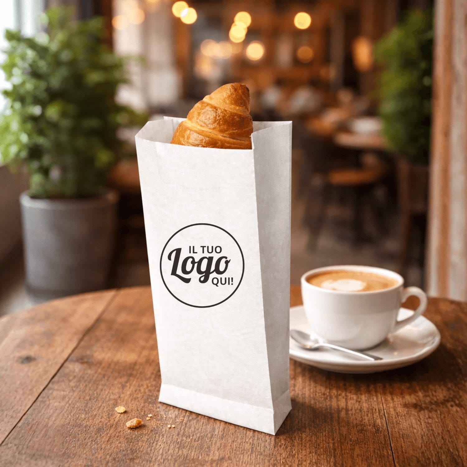 Sacchetto in carta kraft bianca personalizzato con logo per bar con cornetto e caffè da asporto