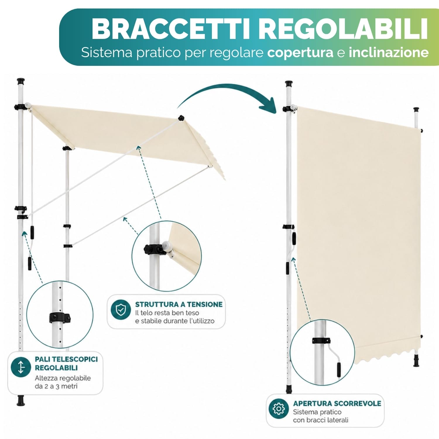 Tenda da sole autoportante regolabile con braccetti laterali e pali telescopici per balcone