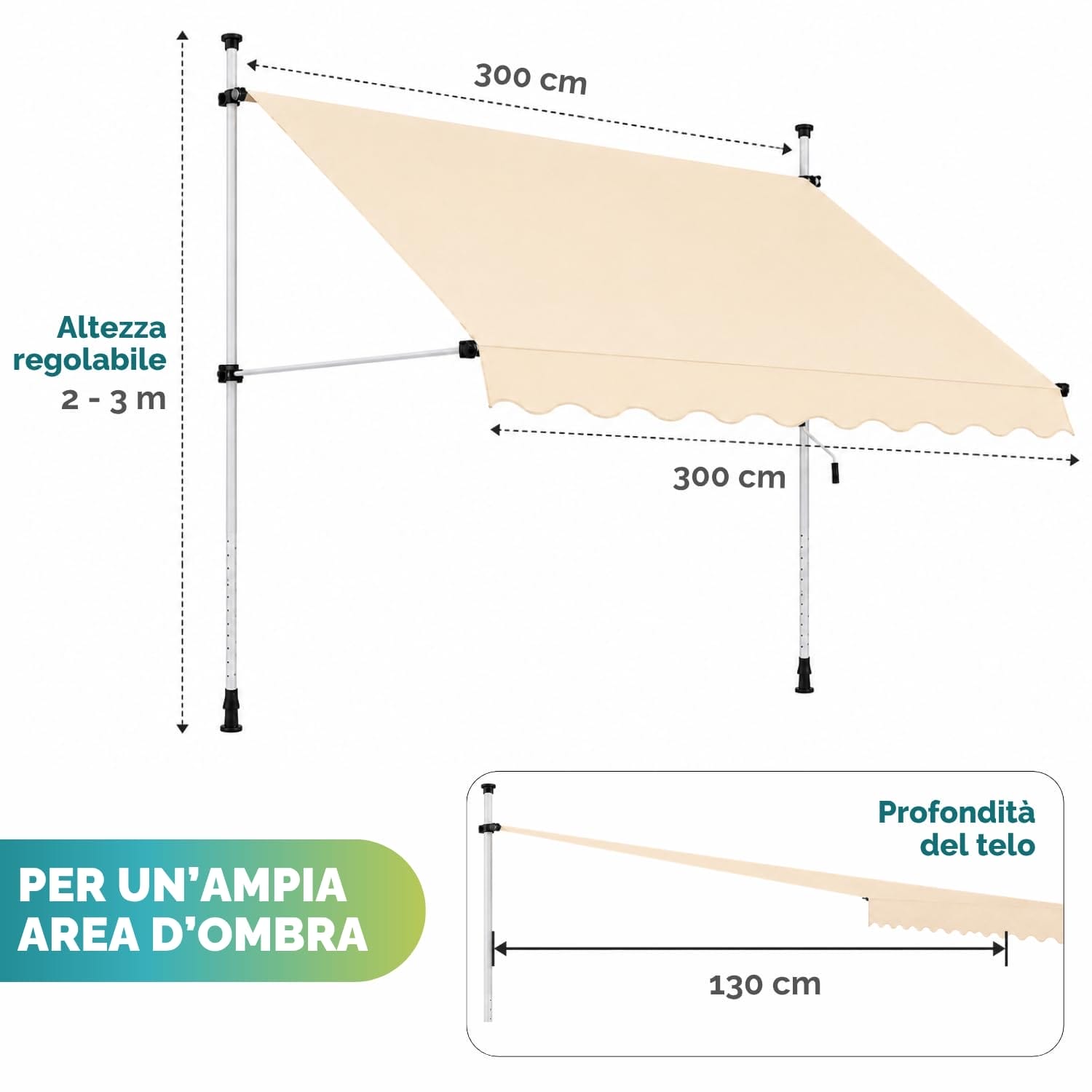 Tenda da sole a morsetto 300x300 cm beige con altezza regolabile da 2 a 3 metri per balcone e terrazzo