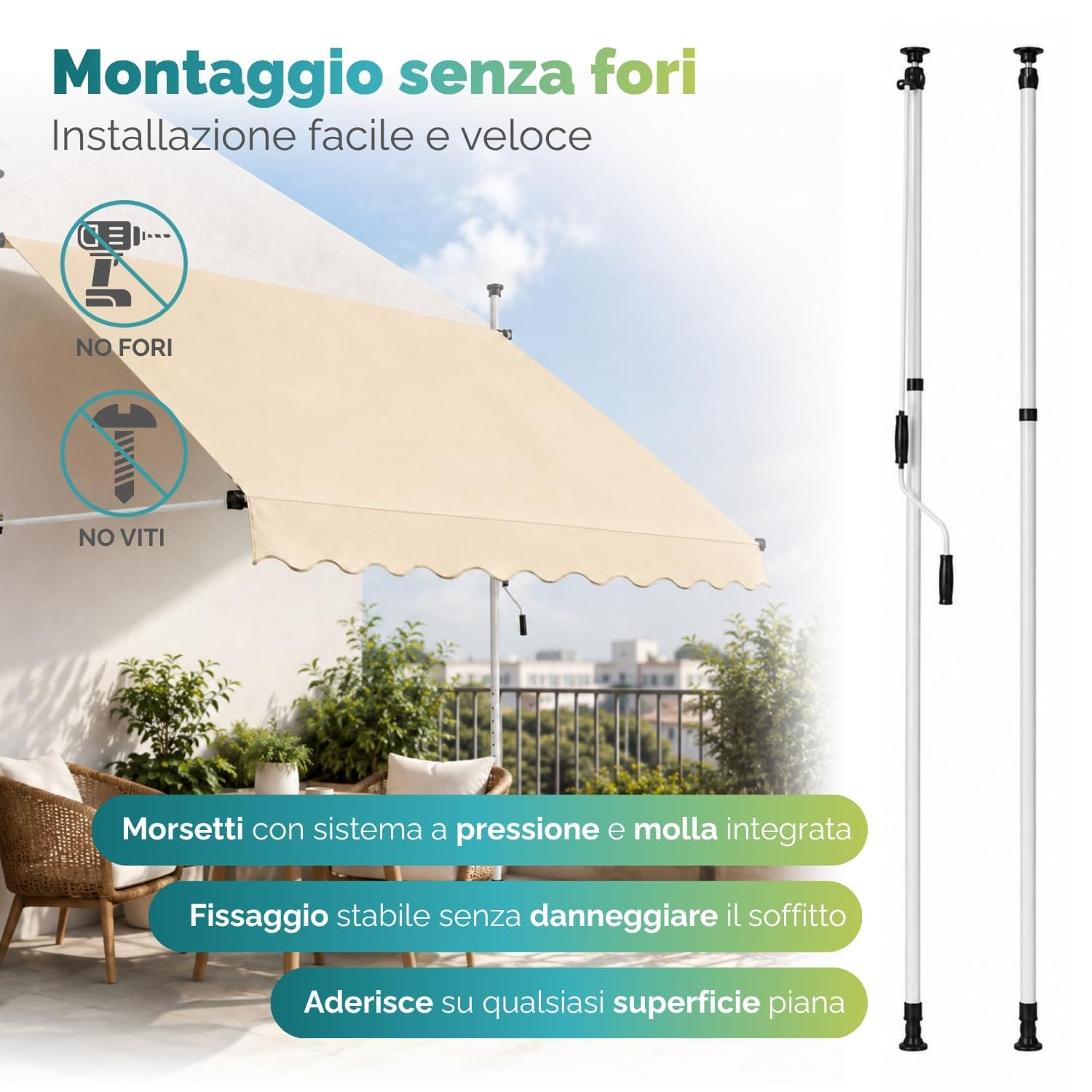 Montaggio senza fori e viti della tenda da sole autoportante Sangiorgio con sistema a pressione a morsetto
