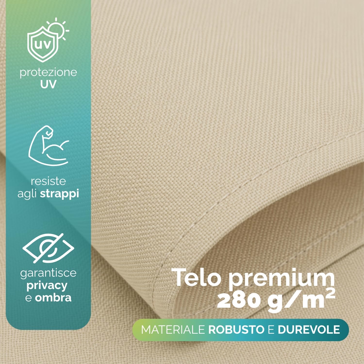 Dettaglio telo premium beige 280 g/m² resistente ai raggi UV e agli strappi per tenda da sole