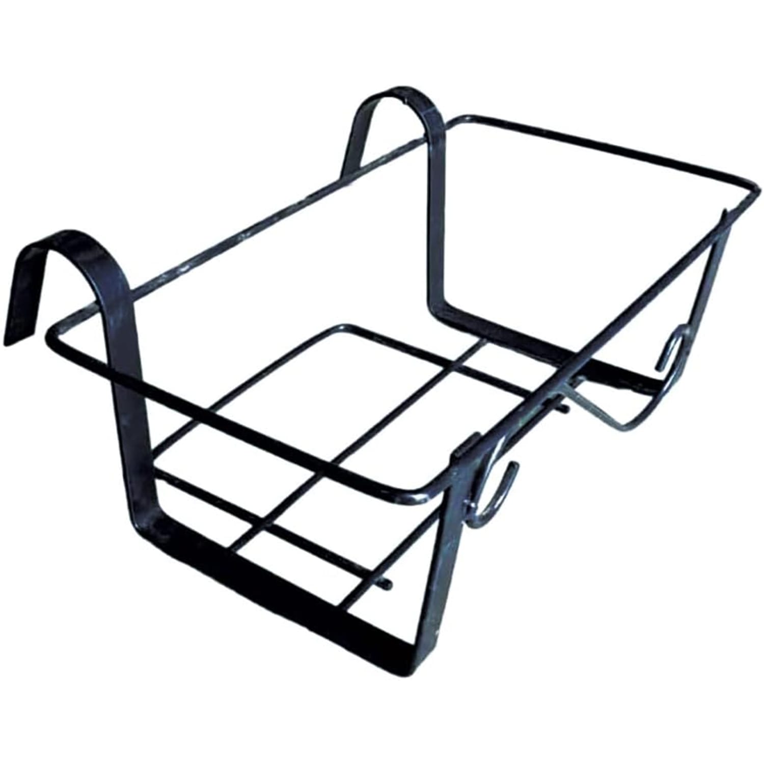 Supporto balconiera in metallo nero vista dall'alto con ganci per ringhiera