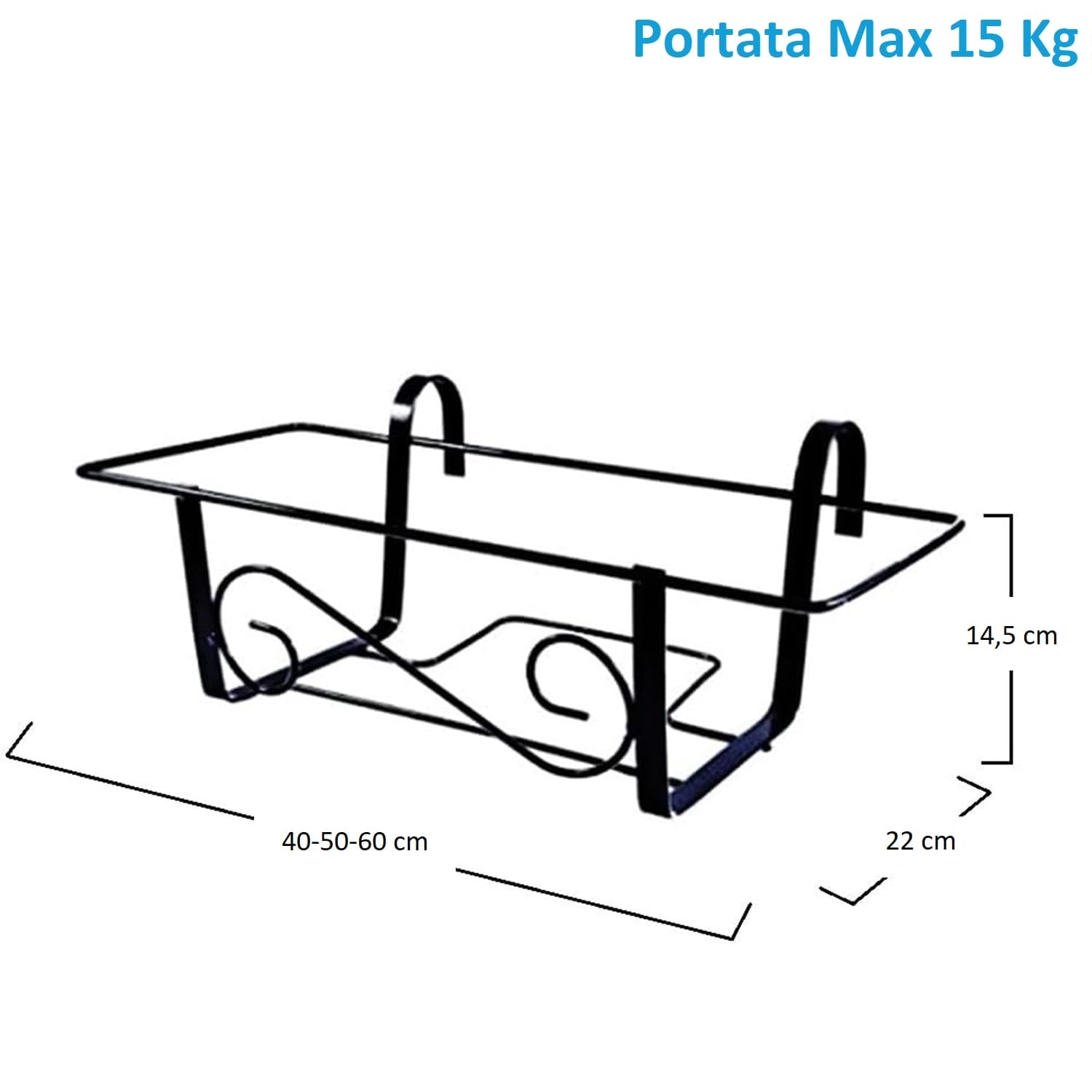 Balconiera metallo nero misure 40 50 60 cm prof 22 cm alt 14,5 cm