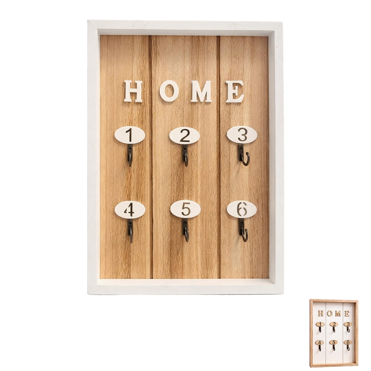 Portachiavi da parete in legno con cornice bianca e 6 ganci numerati HOME
