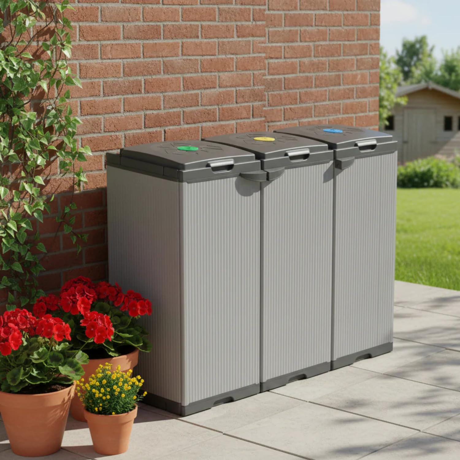 Pattumiera differenziata da esterno a 3 scomparti con coperchio, contenitore rifiuti