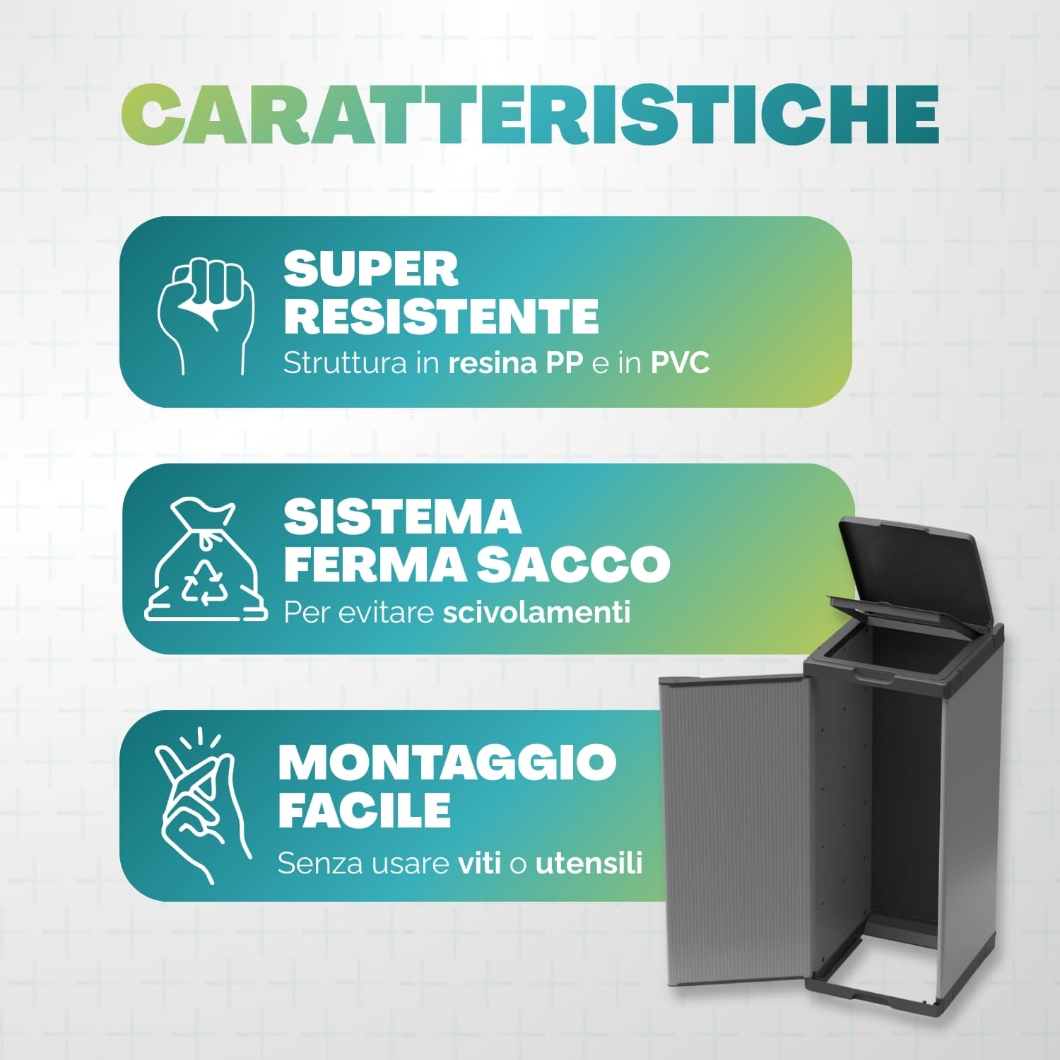 Mobile raccolta differenziata in plastica resistente con sistema ferma sacco