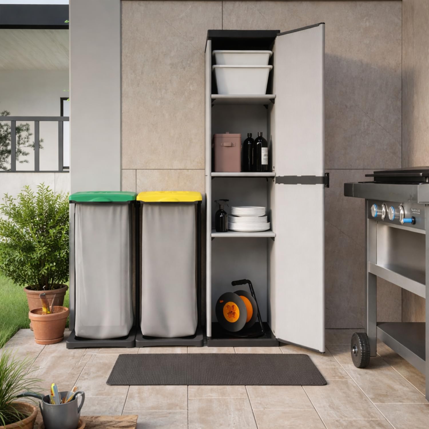 Armadio alto in plastica con ripiani, mobile contenitore multiuso per cucina garage o esterno