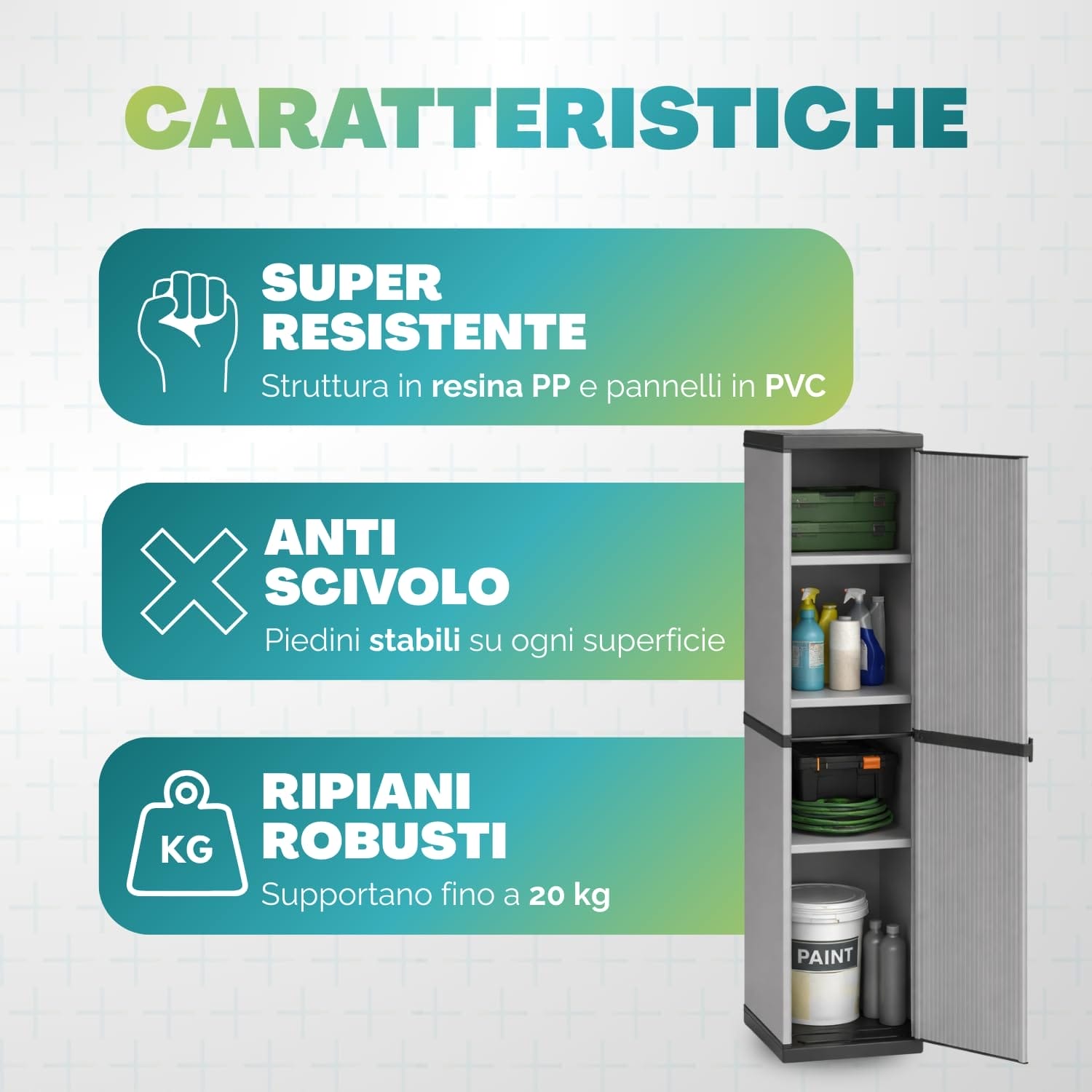 Armadio alto in plastica con ripiani robusti, mobile contenitore resistente anti scivolo