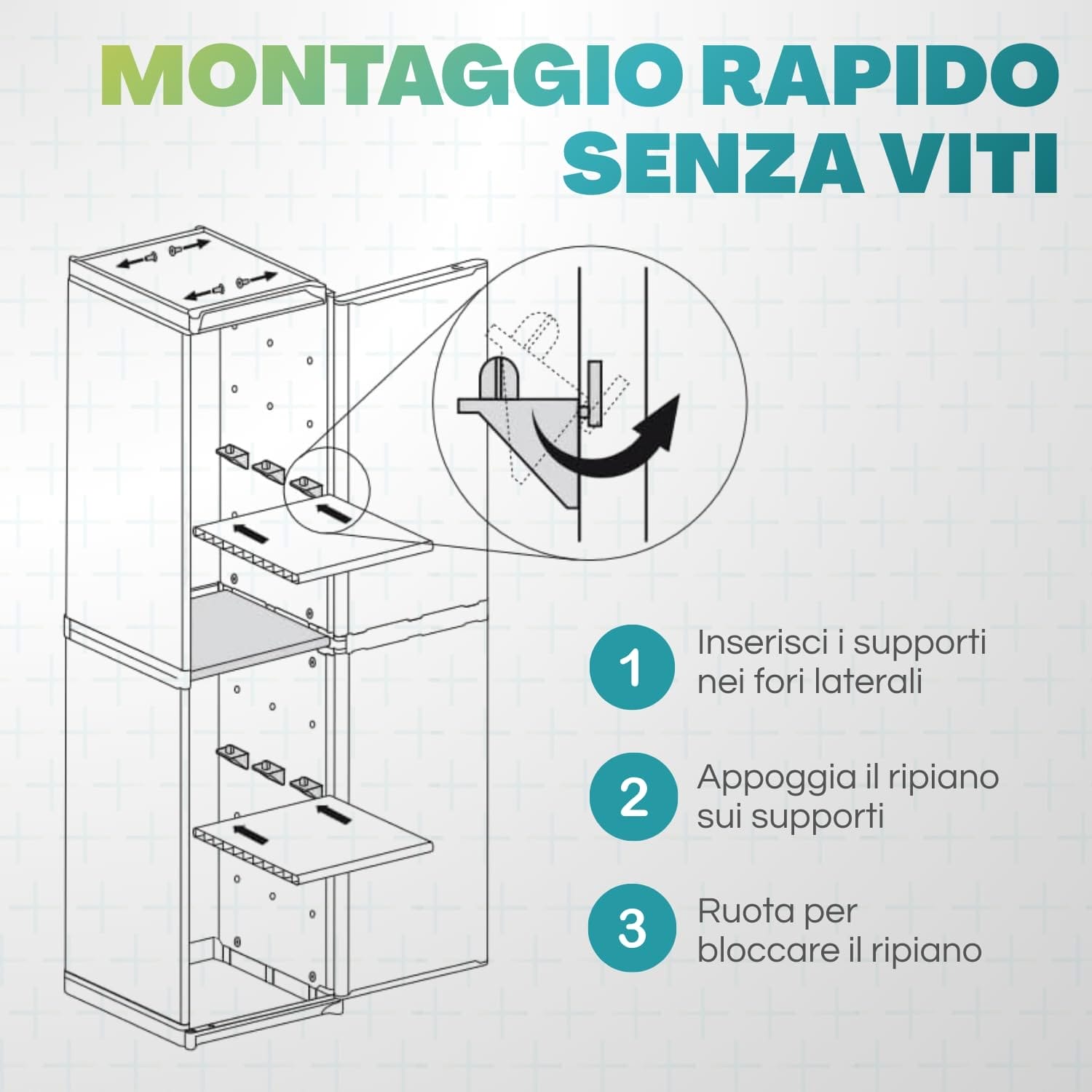 Montaggio armadio in plastica senza viti, sistema ripiani regolabili con supporti laterali
