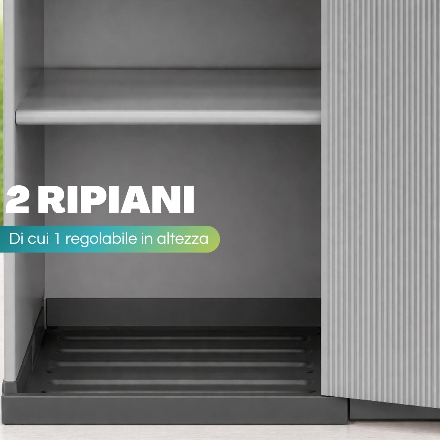 Armadio basso in plastica con 2 ripiani di cui uno regolabile, mobile multiuso