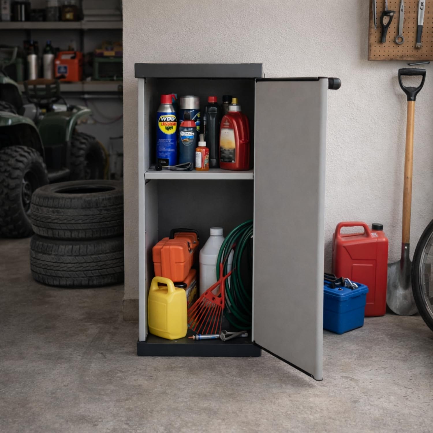 Armadio basso in plastica con ripiano interno, mobile contenitore per garage officina