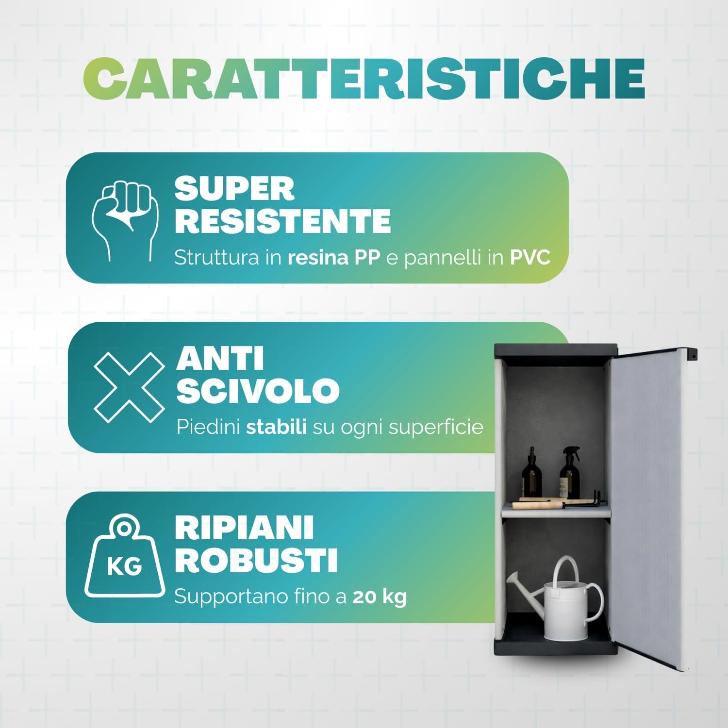 Armadio in resina resistente con ripiani robusti e piedini antiscivolo, mobile multiuso