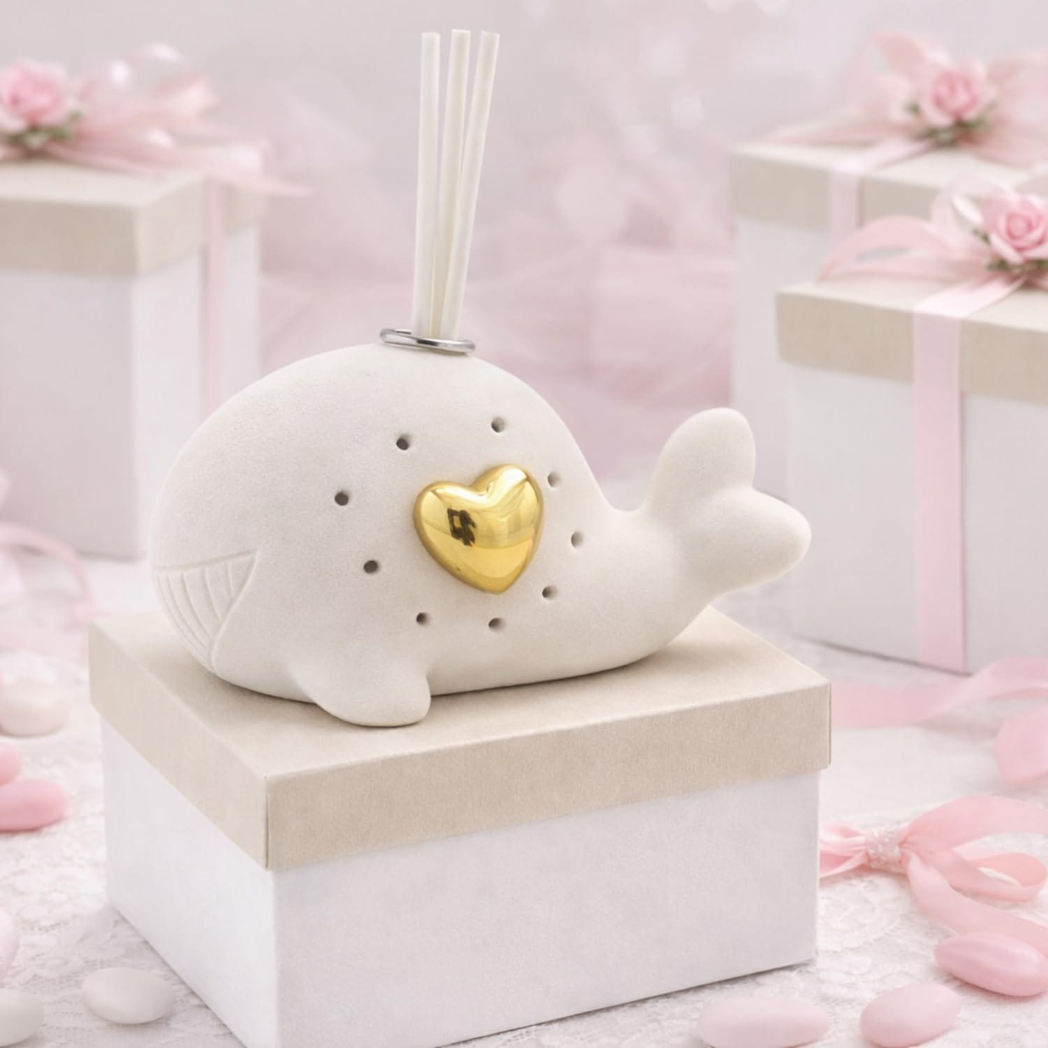 Bomboniera balena in ceramica con profumatore e luce LED con scatola regalo per cerimonia