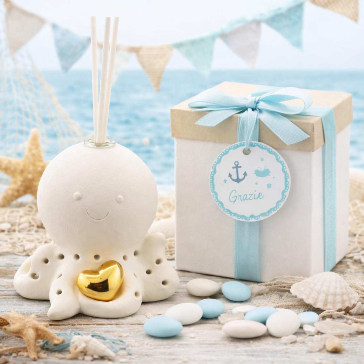 Bomboniera elegante tema polipo con diffusore profumo e luce LED con scatolina